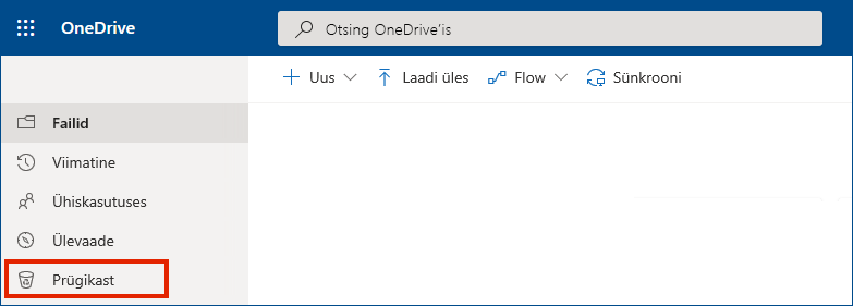 OneDrive for Business veebis, kus vasakus menüüs on näha prügikast