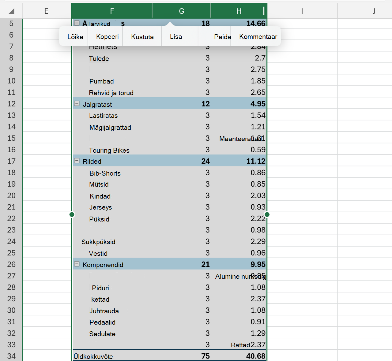 PivotTable-liigendtabelit hõlmavate veergude kustutamine iPadis