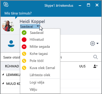 Avatud olekumenüüga Skype’i ärirakenduse akna kuvatõmmis.