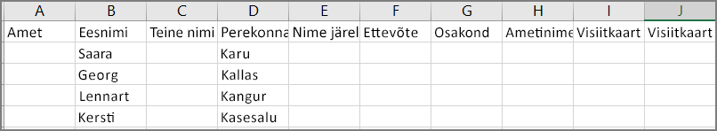 Näide sellest, milline näeb välja CSV-fail pärast kontaktide importimist Outlookist