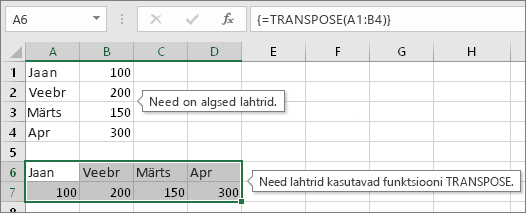 Algsed lahtrid ülal, TRANSPOSE-funktsiooniga lahtrid all