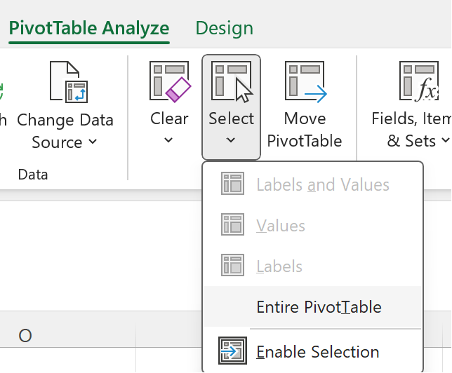 Valige win32-s kogu PivotTable-liigendtabeli nupp.