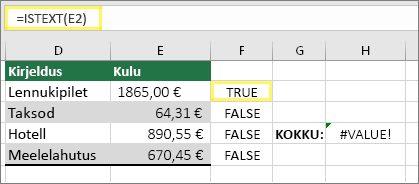 Lahtris F2 väärtus =ISTEXT(E2) ja tulem TRUE