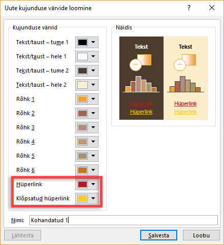 Hüperlinkide ja jälgitud hüperlinkide värvide valimine