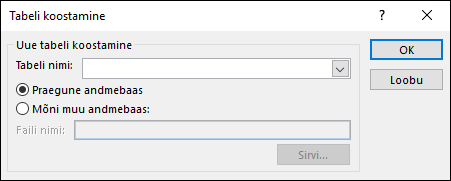 Accessi dialoogis Tabeli koostamine saate tabelipäringu jaoks soovitud sätted valida.