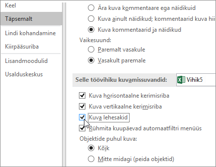 Märkeruut „Kuva lehesakid“ dialoogiboksis „Exceli suvandid“