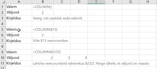 Funktsiooni COLUMN näited