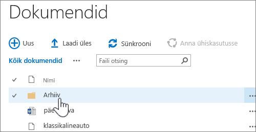 SharePoint 2016 dokumenditeek, kus on esile tõstetud kaust