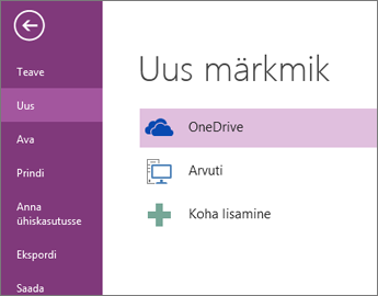 Uue märkmiku loomise protsess OneNote’is