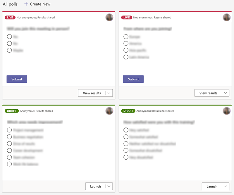 Microsoft Forms erinevates olekutes (nt reaalajas ja mustandina) Teamsis loodud küsitlused