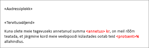 Kirjakooste näidisdokument, väljanime „Annetus“ ees on dollari sümbol ja väljanime „Protsent“ ees on protsendi märk.