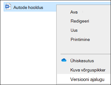 File Explorer menüü koos suvandiga Versiooniajalugu.