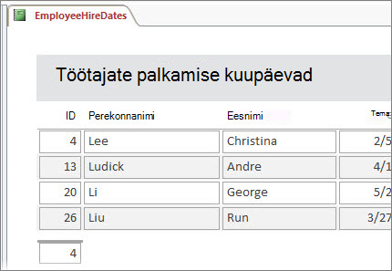 Töötajate aruanne, mis on filtreeritud nii, et kuvatakse ainult töötajad, kelle perekonnanimed algavad tähega "L".