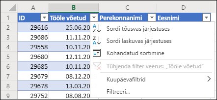 Kasutage tõusvas või kahanevas järjestuses sortimiseks Exceli tabeli filtrit