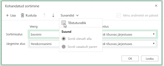 Kohandatud sortimise dialoogiboks, kui valitud on tõstutundlik sortimine