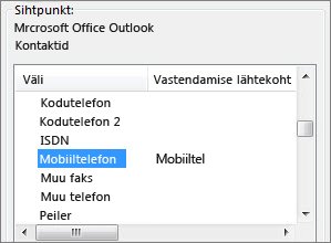 Väärtus Mobiiltel on vastendatud Outlooki väljaga Mobiiltelefon