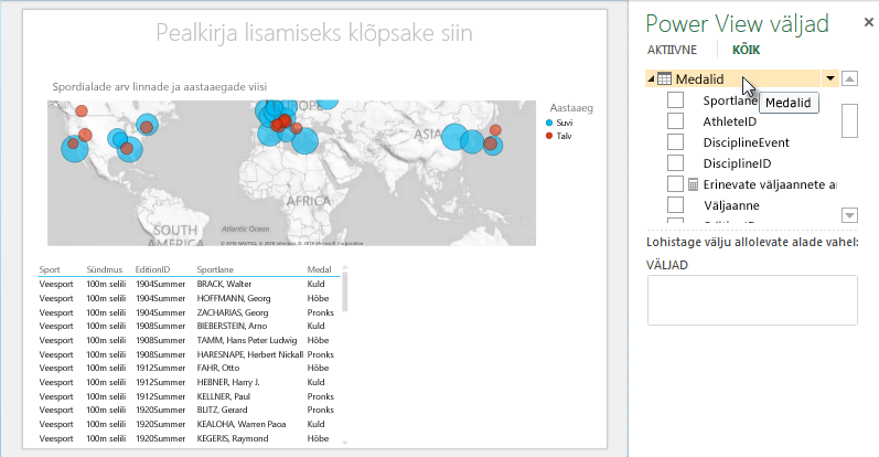 Power View’ tabelisse automaatselt lisatud vaikeväljakomplektid