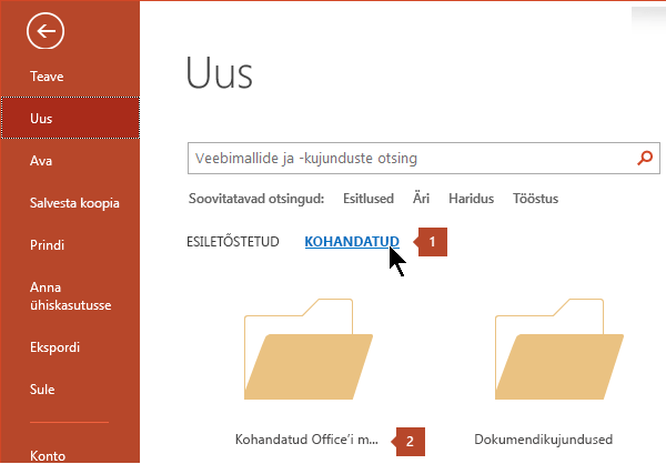 Valige Fail > Uus > Kohandatud > Kohandatud Office‘i mallid.