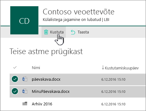 SharePoint Online’i teise astme prügikast, kus on esile tõstetud nupp „Taasta“