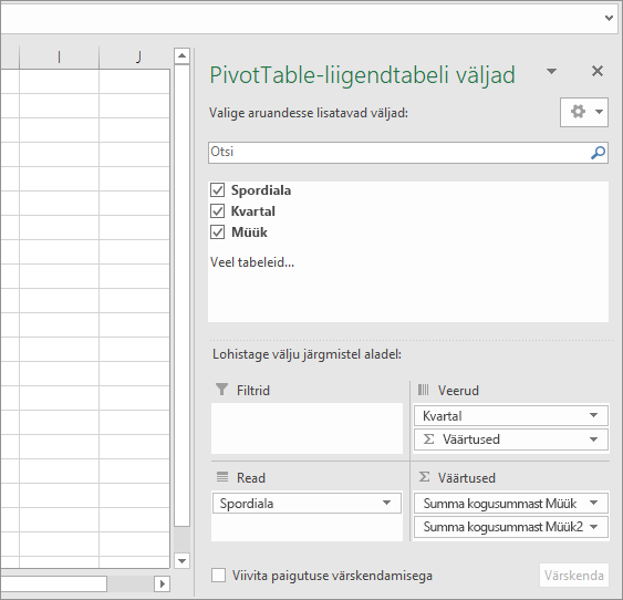 PivotTable-liigendtabeli väljad