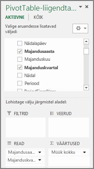 PivotTable-liigendtabeli väljaloend