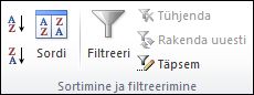 Menüü Andmed jaotis Sortimine ja filtreerimine