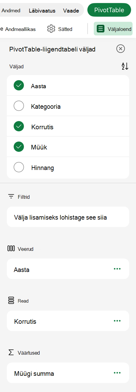 PivotTable-liigendtabeli väljaloend iPadis.