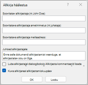 Dialoogiboks Signatuuri häälestamine