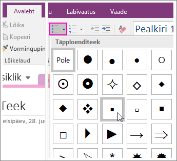 Kuvatõmmis täppide lisamisest rakenduse OneNote 2016 lehele.