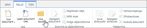 Pilt SharePointi lindist Failid, kus on esile tõstetud nupp Uus kaust.