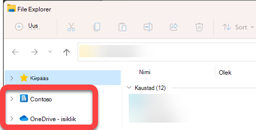 File Explorer vasakus servas asuval navigeerimispaanil on sünkroonitud SharePointi teegi ja sünkroonitud OneDrive'i ülataseme kaustad.