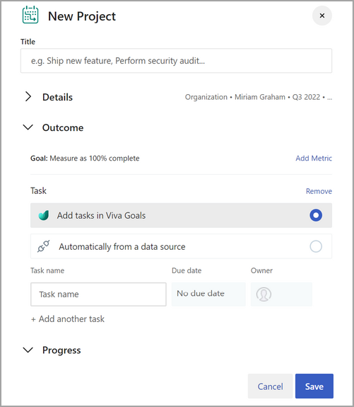 Screenshot showing radio button for adding a task to a project when creating a new project