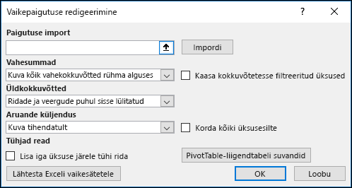 PivotTable-liigendtabeli vaikesätted