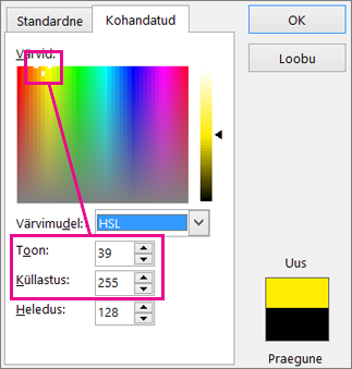 Selection in Colors rectangle sets hue and saturation