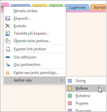 Screenshot of how to change a section color in OneNote 2016.