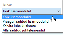 Lisandmoodulite haldamise dialoogiboks hetkel laaditud lisandmoodulite ripploendiga.