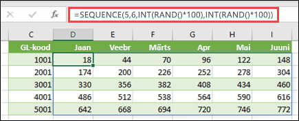 Funktsiooni SEQUENCE näide, mis on pesastatud funktsioonidega INT ja RAND, et luua näidis andmekomplekt