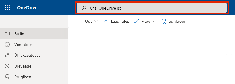 OneDrive for Business veebis, kus ülaosas on otsinguriba