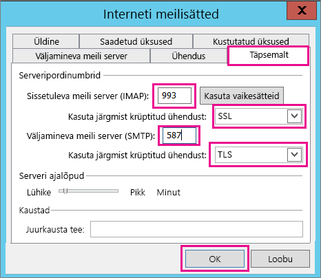 Sisestage Täpsemad meilisätted.