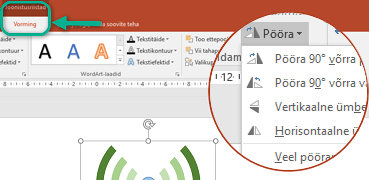 Pööramiskäsud on saadaval menüü Joonistusriistad alammenüüs Vorming. Valige pööratav objekt ja klõpsake seejärel linti.