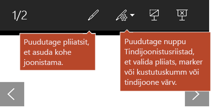 Slaidiseansivaates saadaolevad tindijoonistusriistad.