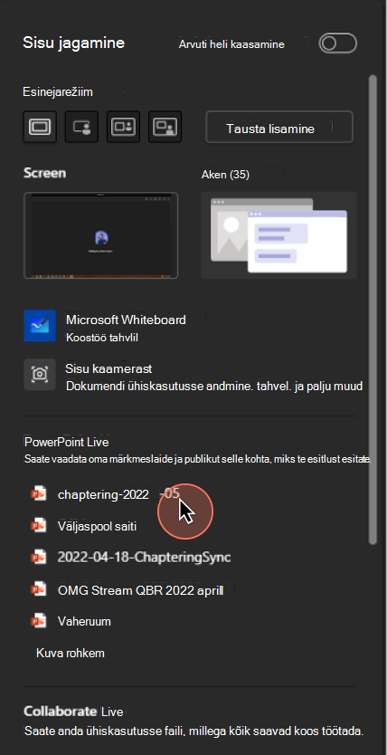 Avatud menüüs kuvatakse kasutaja Teamsi koosoleku salvestamise ajal saadaolevad kuva ühiskasutuse suvandid. Menüü alumises pooles kuvatakse powerPointi esitluste loend, mille kasutaja saab ühiskasutusse anda.