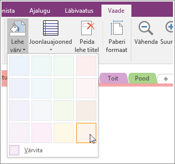 Screenshot of the Page Color button in OneNote 2016.