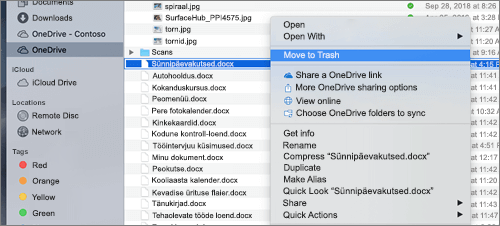 Paremklõpsa menüüvalik Faili kustutamiseks OneDrive'ist Mac Finderis
