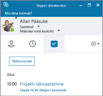 Skype'i ärirakenduse akna koosolekute menüü kuvatõmmis.