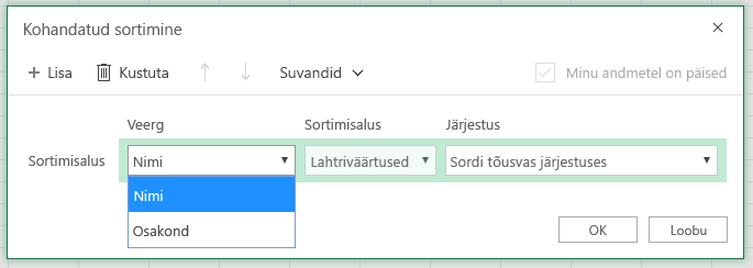 Kohandatud sortimise dialoogiboks, kus on veerus Nimi valitud rea alusel sortimise veerg