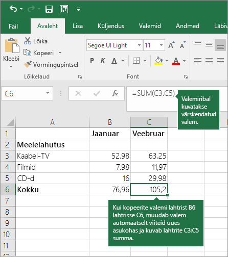 Valemi kopeerimisel värskendatakse lahtriviiteid automaatselt