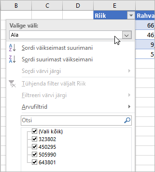 Filtrimenüü, menüü Kuva väärtus, väärtused lingitud andmetüübist