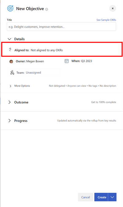 Screenshot showing where to assign alignment to your OKR.