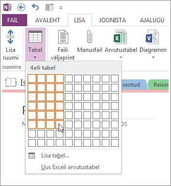 Tabeli lisamine OneNote'i